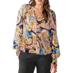 New SANCTUARY Metallic Paisley Sheer Chiffon Blouse Balloon Sleeves M MSRP $120
